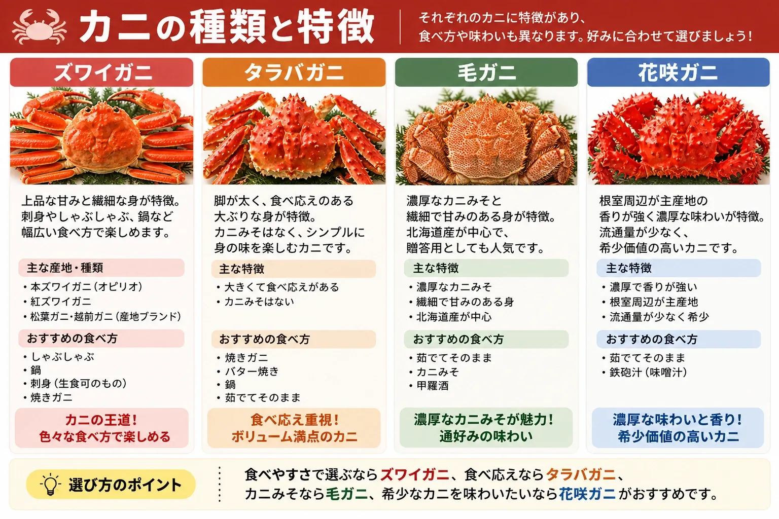 ズワイガニ・タラバガニ・毛ガニ・花咲ガニの特徴、主な産地、おすすめの食べ方をまとめた図